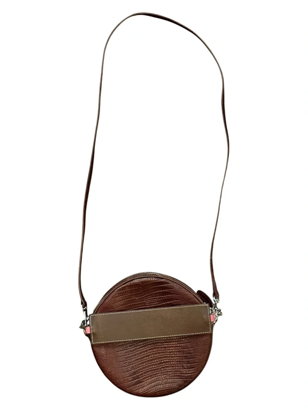 Little Liffner Croc-Embossed Leather Tambourine Circular Crossbody Cognac Brown